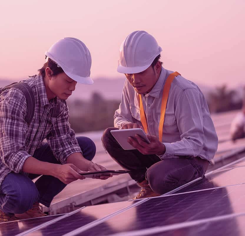 Solar tracker rows at sunrise